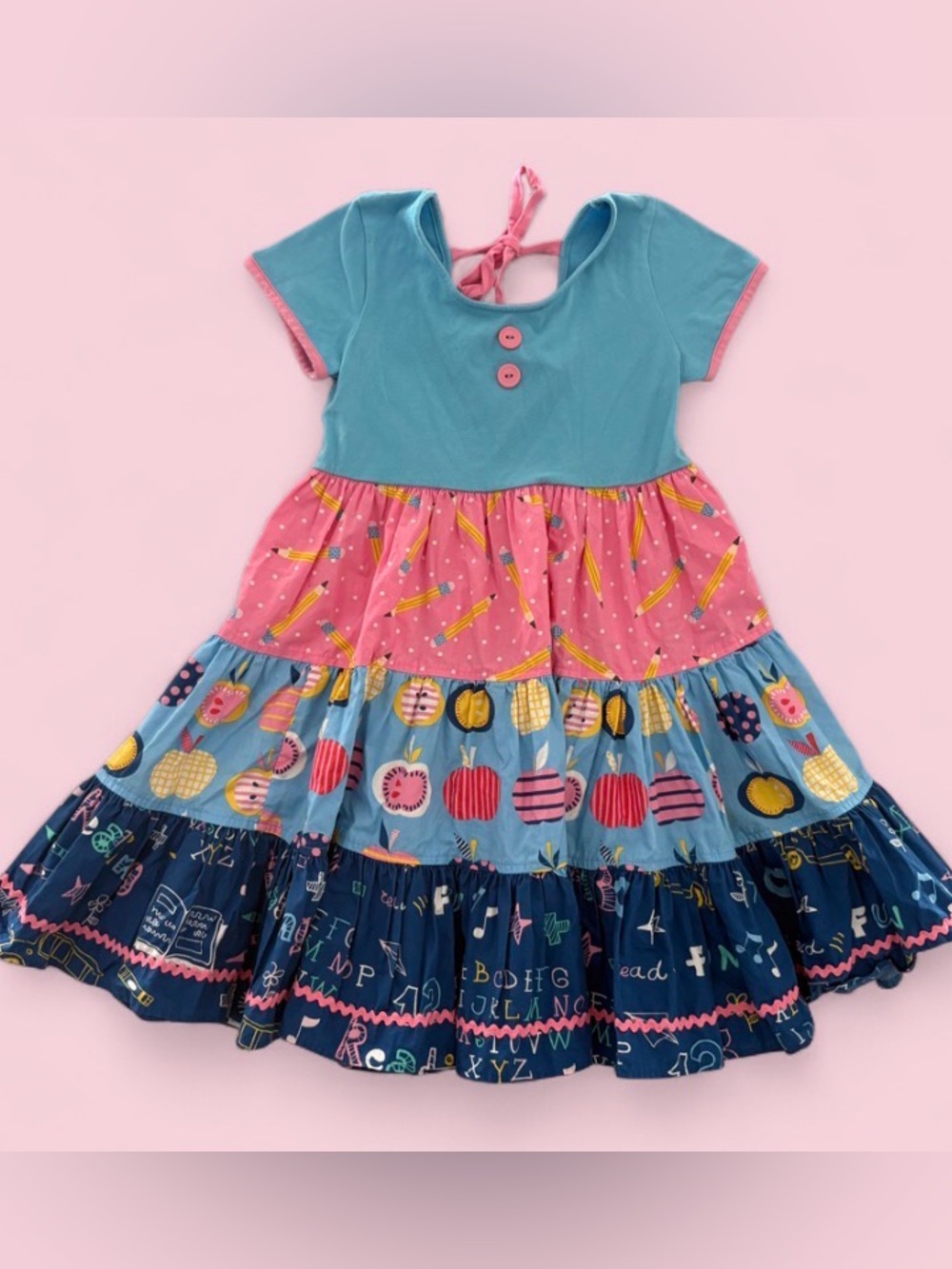 Eleanor Rose Girls Back to School Dress Size 7/8 Blue Pink Tiered Twirl Dress